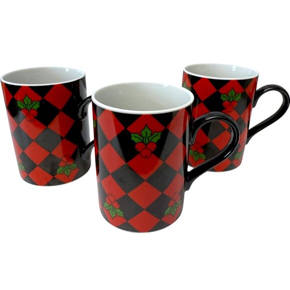 DEPARTMENT 56 Holiday Mugs Set of 3 Red Black Checkerboard Christmas Ho Ho Holly - Picture 4 of 10